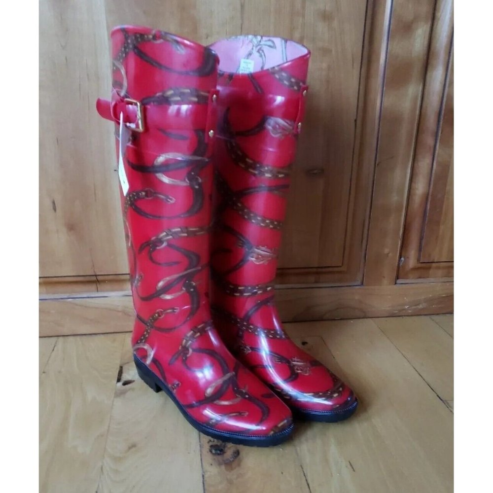 New w/Tags Ralph Lauren Rossalyn II Women's Rain Boots Red Size 7  Red and Gold